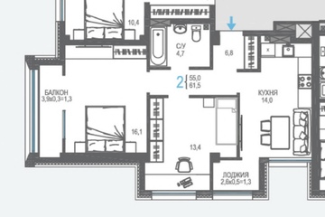 2-к квартира, 61,5 м², 6/8 эт.